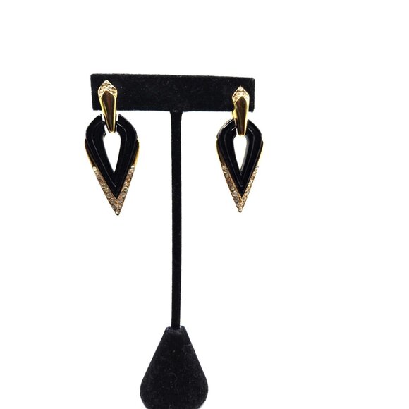 Vintage Oscar de la Renta signed ClipOn Earrings Black Enamel Gold-Tone Crystal - Picture 5 of 7